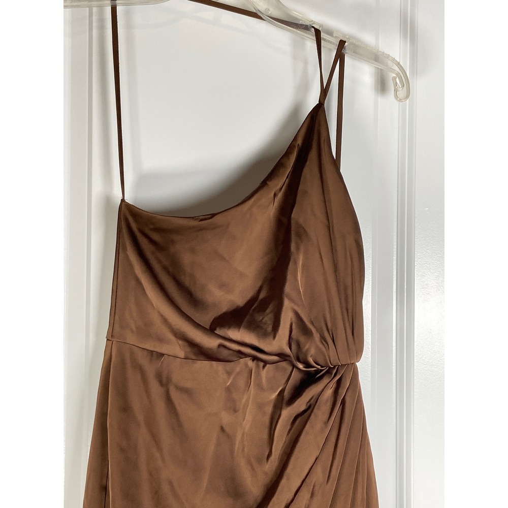 Contenta Brown Satin One Shoulder Midi Dress Ruched Bodycon XS - Picture 2 of 12